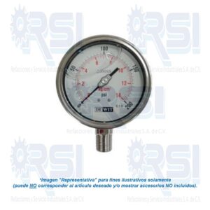 MANOMETRO DEWIT, CARATULA DE 4" OD CONEXION INFERIOR ACERO INOXIDABLE 1/2" NPT, RANGO DE 0-200 PSI (0 - 14 Kgf/cm2)